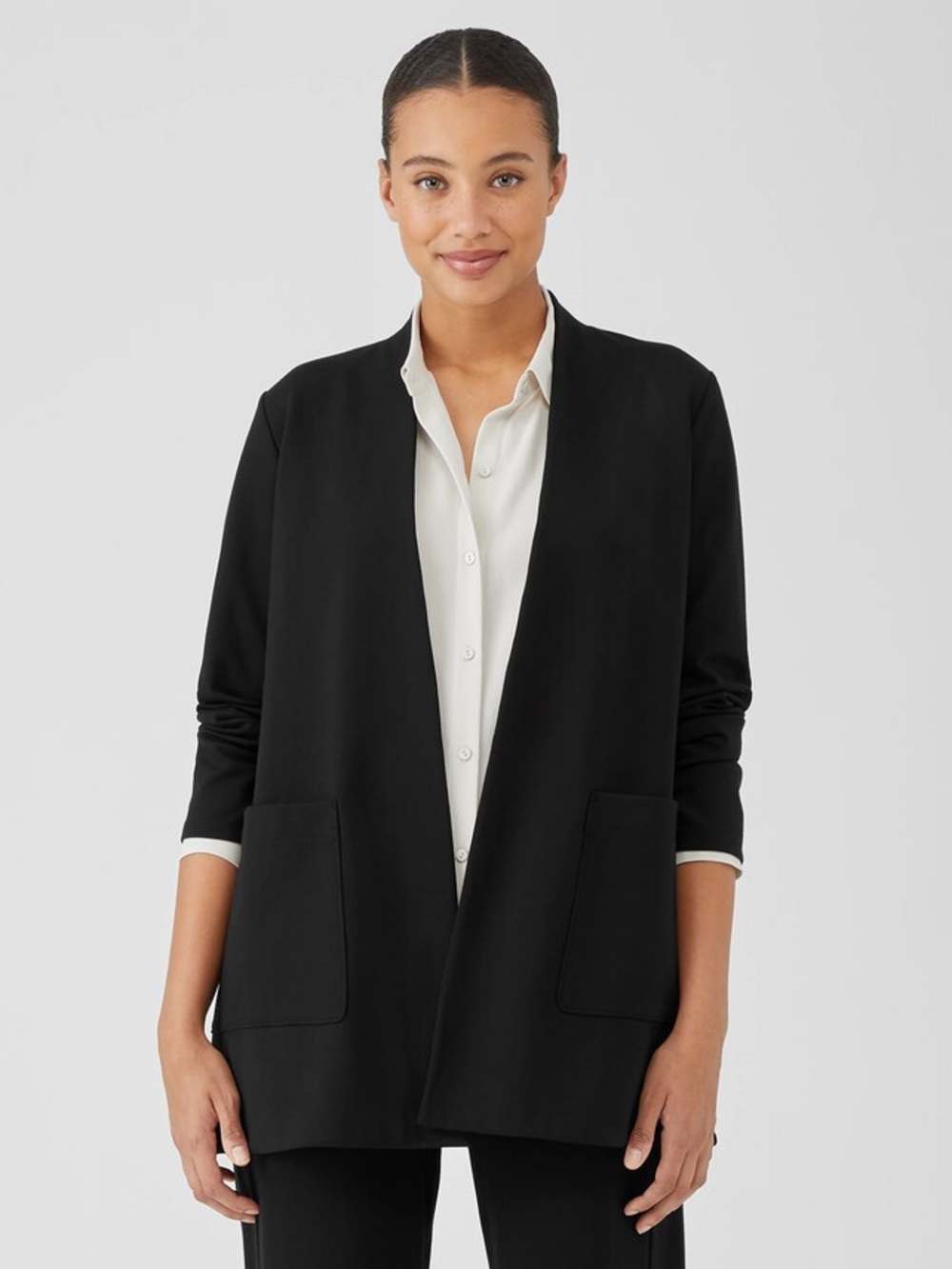 Eileen Fisher Washable Flex Ponte High Collar Jacket Black L